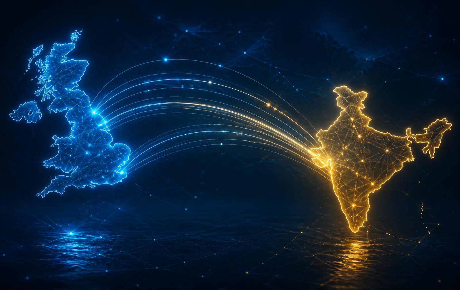 Illuminated network connecting the United Kingdom and India across a world map
